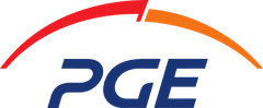 The logo features the letters “PGE” in bold blue font below a red and orange curved arc with a small gap between the colors, all on a light gray background.