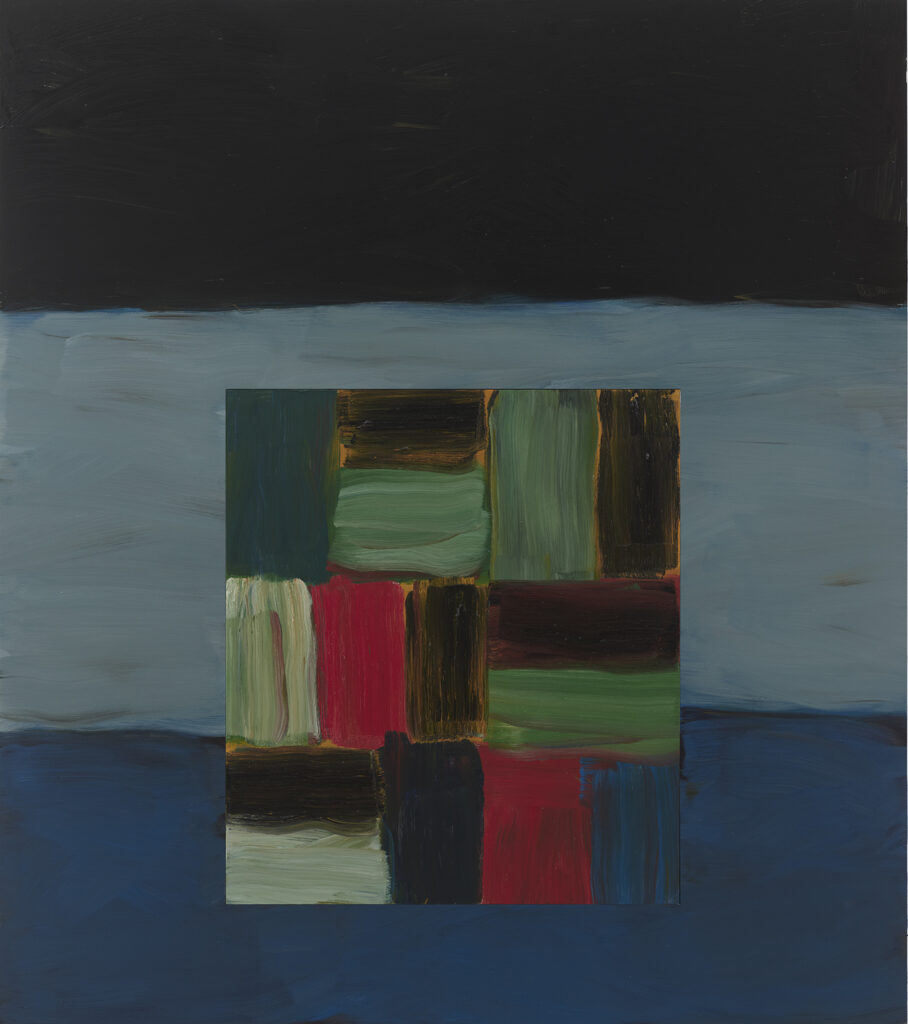 Obraz Seana Scully'ego Wall Lindline Irene składa się z geometrycznych kształtów. Główne pole obrazowe to trzy poziome pasy kolorów - na górze ciemny, prawie czarny, niżej jasny niebieski - najszerszy i na dole ciemniejszy niebieski. Na niebieskich pasach namalowana jest kolejna forma geometryczna - pionowy prostokąt składający się z 15 innych prostokątów w różnych, niejednolitych kolorach - zielonym czerwonym, niebieskim, jasnym zielonym i brązowym. Widać pociągnięcia pędzla.