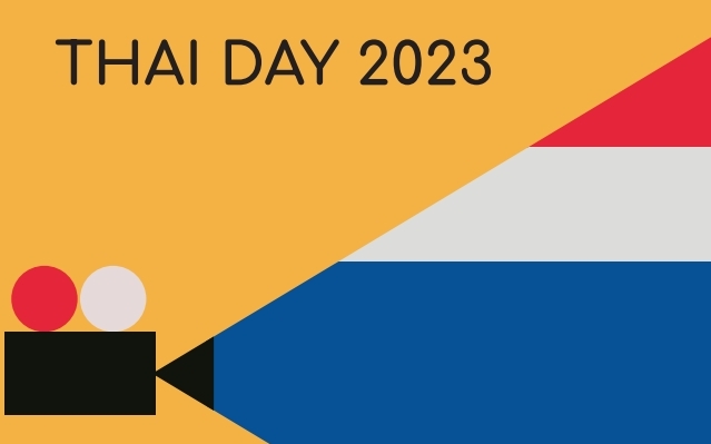 grafika jest żółto-niebiesko-czerwono-biała, przedstawia graficzną kamerę wyświetlającą snop światła w kolorach flagi Tajlandii. Na górze jest napis Thai Day 2023