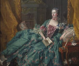 Grafika przedstawia obraz François Bouchera - Madame de Pompadour, leżącą na szezlongu w długiej, bogato zdobionej zielonej sukni