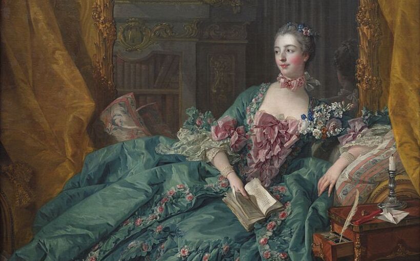 Grafika przedstawia obraz François Bouchera - Madame de Pompadour, leżącą na szezlongu w długiej, bogato zdobionej zielonej sukni