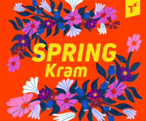 Żółty napis Spring kram na czerwonym tle, otoczony graficznymi kwiatami – różowymi, fioletowymi, niebieskimi i białymi.