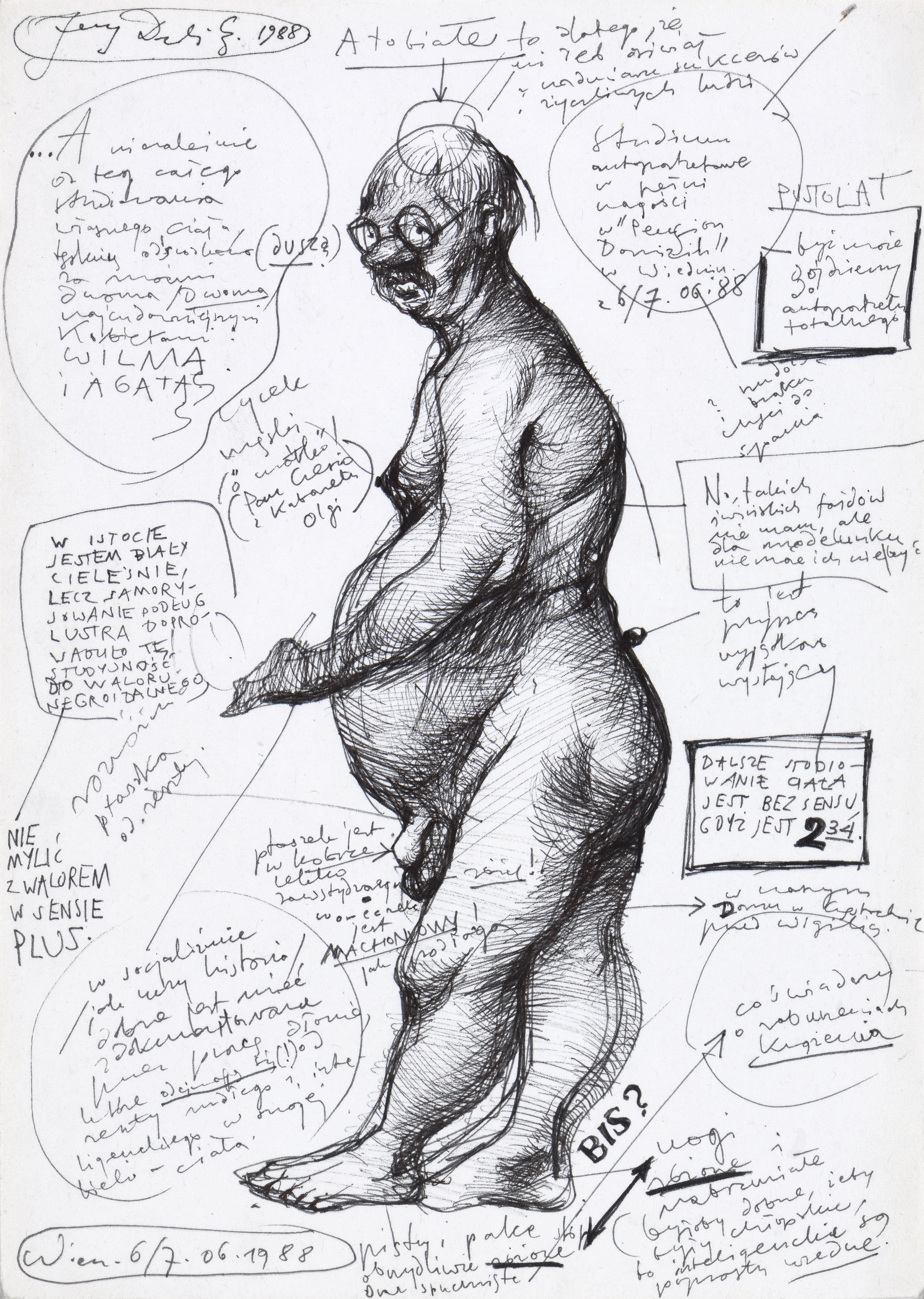Studium autoportretowe w pełni nagości w „Pension Domizil” w Wiedniu / Study for a Completely Nude Self-Portrait at “Pension Domizil” in Vienna, 1988, długopis / pen, 23 × 59 cm